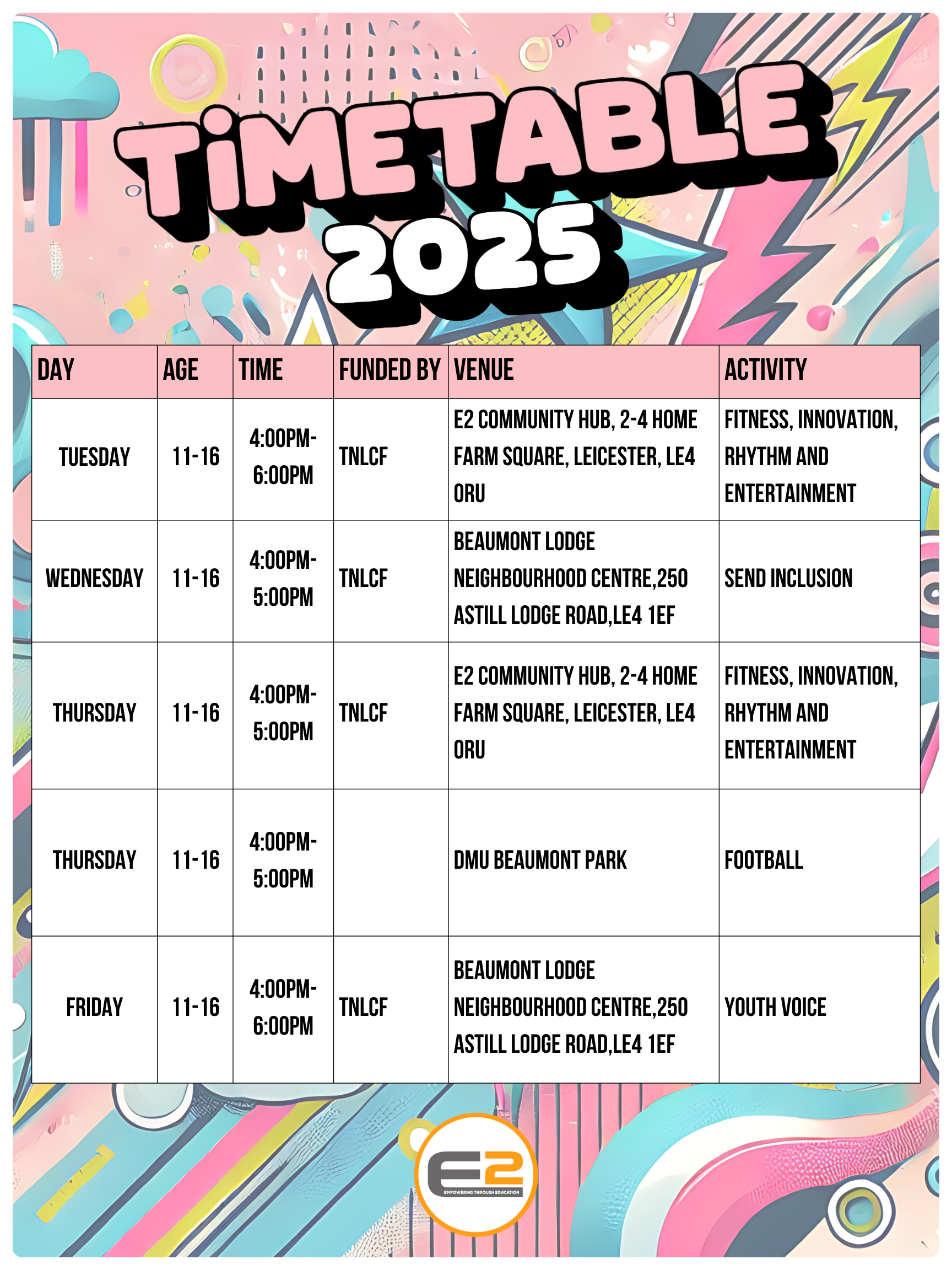 E2 Youth Session Timetable
